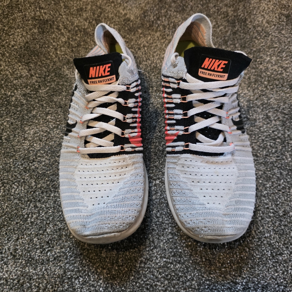 Nike Free RN Flyknit running shoes in the WolfGrey Black Bright Mango Size 10 W